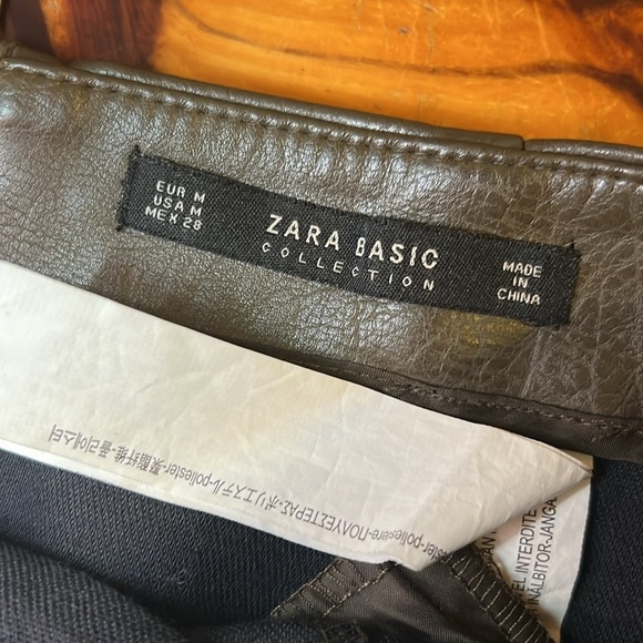 ZARA High Waisted Faux Leather Midi Pencil Skirt Dark Olive Green Zipped Pockets - Picture 5 of 7